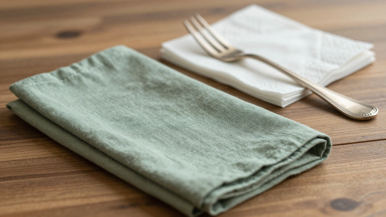 Folded linen cloth napkin and paper napkins on a table