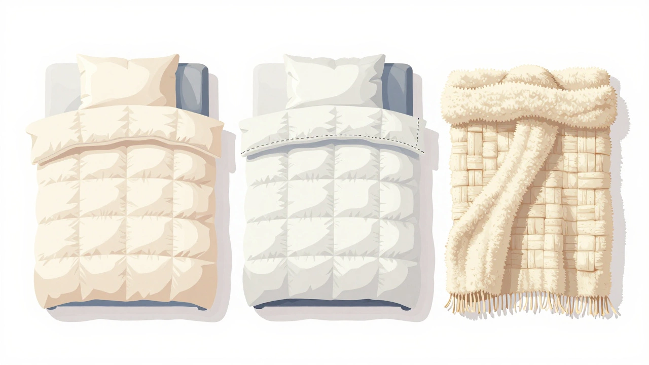 Illustration comparing a duvet, comforter, and wool blanket side by side.