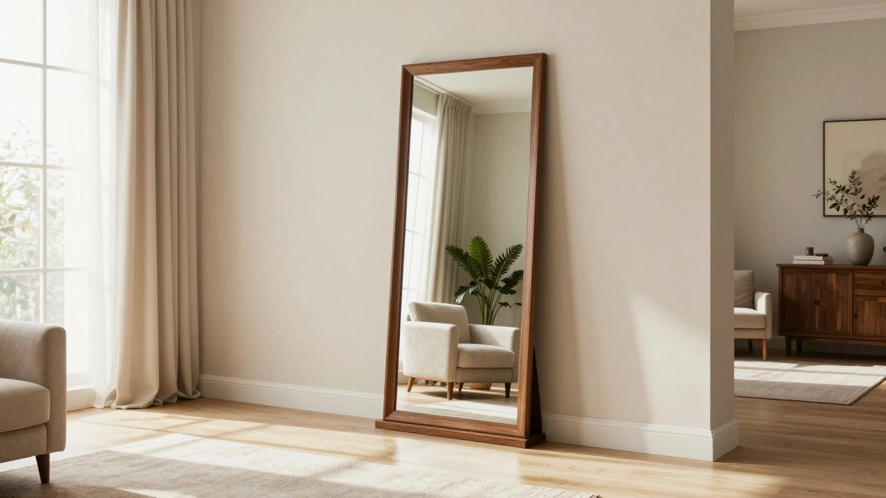 Large leaning floor mirror reflecting a bright, spacious living room