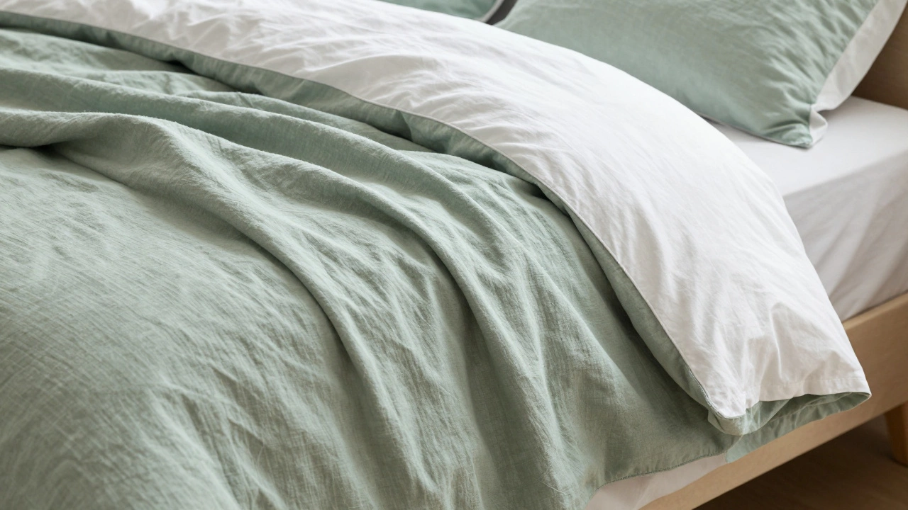 Layered linen throw and summer duvet on a bed