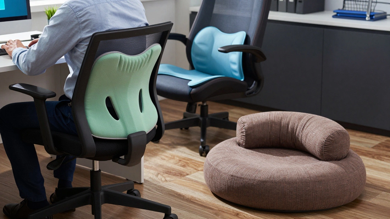 Lumbar support, floor cushion, and gel seat cushion in use