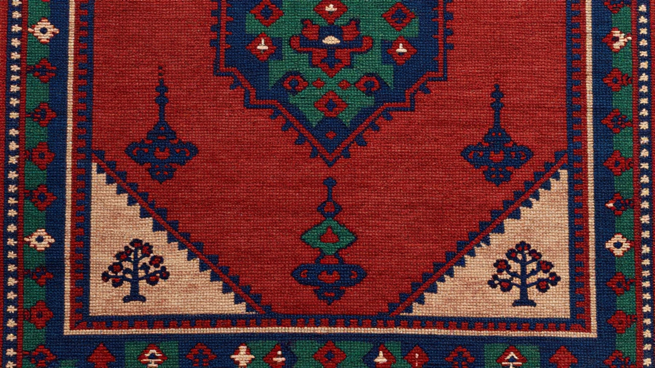 Macro view of woven cotton prayer rug showing geometric patterns and lamp symbols.