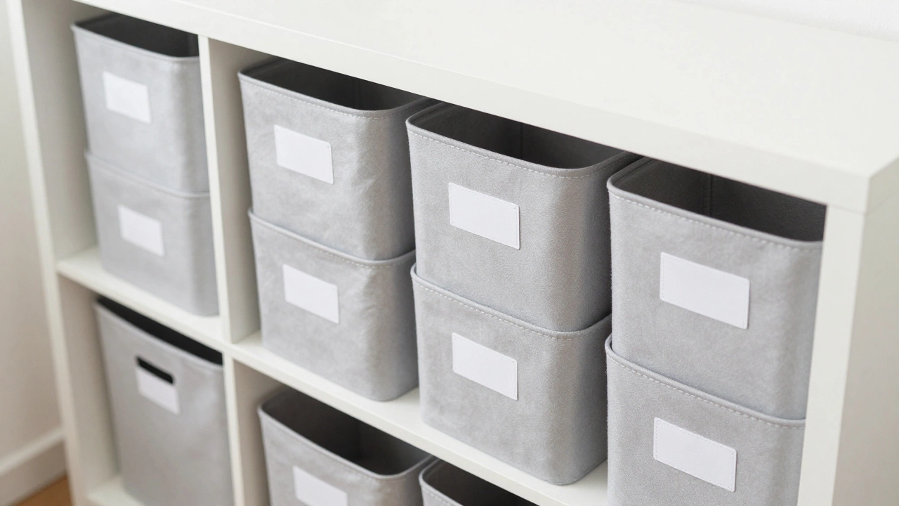Neatly organized shelves with clear labels for home storage