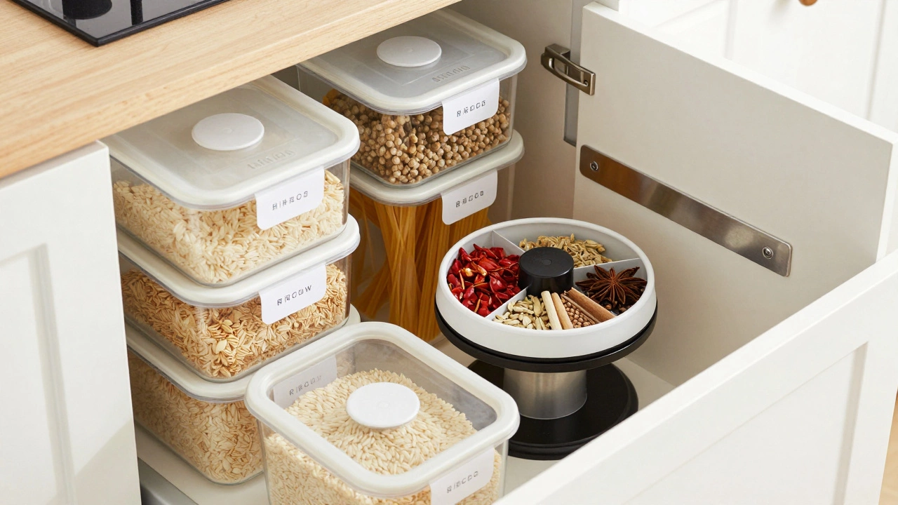 Organized kitchen drawer with stackable containers and magnetic utensil holder