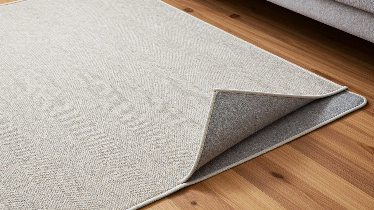 Rug corner lifted to show a thick cushioning pad underneath