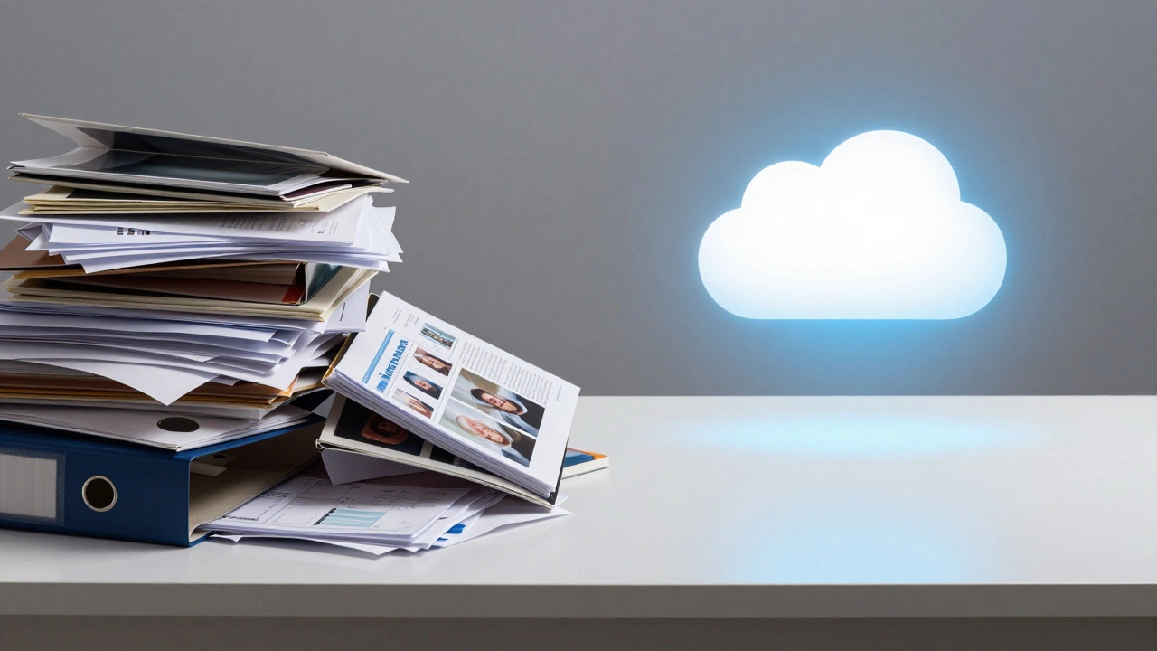 Split view showing messy paper documents transforming into neat cloud-based digital storage.