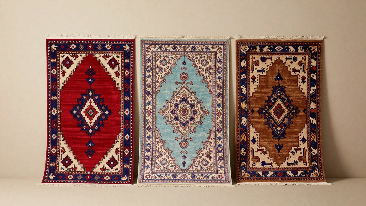Three rolled prayer rugs displaying Turkish, Persian, and Central Asian styles.