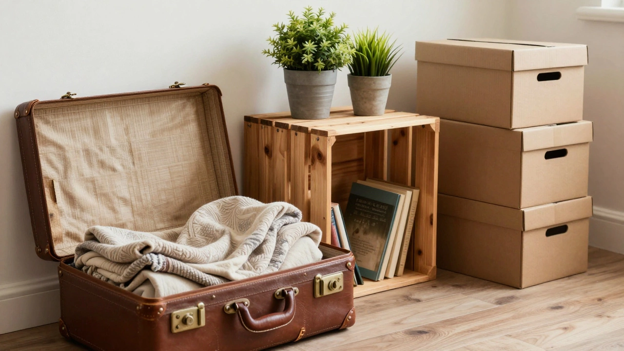 Vintage suitcase and wooden crates repurposed as stylish, budget-friendly storage furniture.