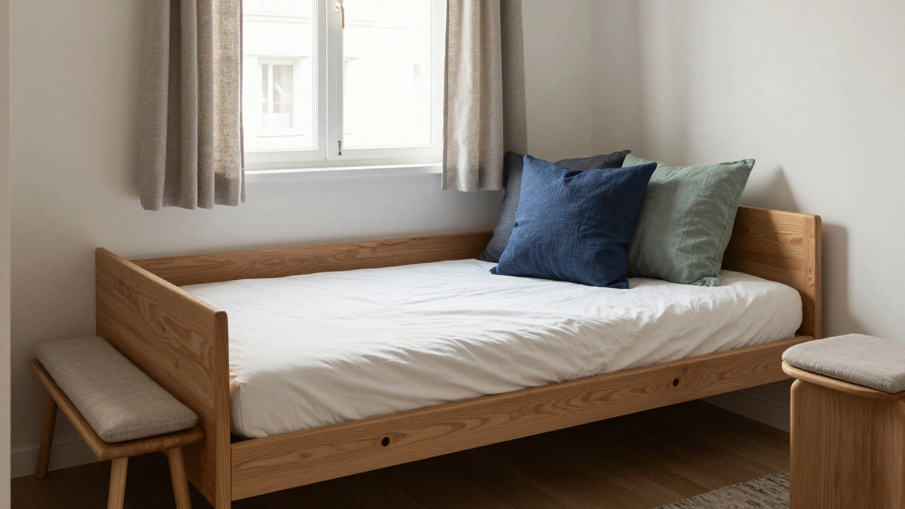 Wooden daybed with pillows and a bench in a cozy, sunlit studio apartment