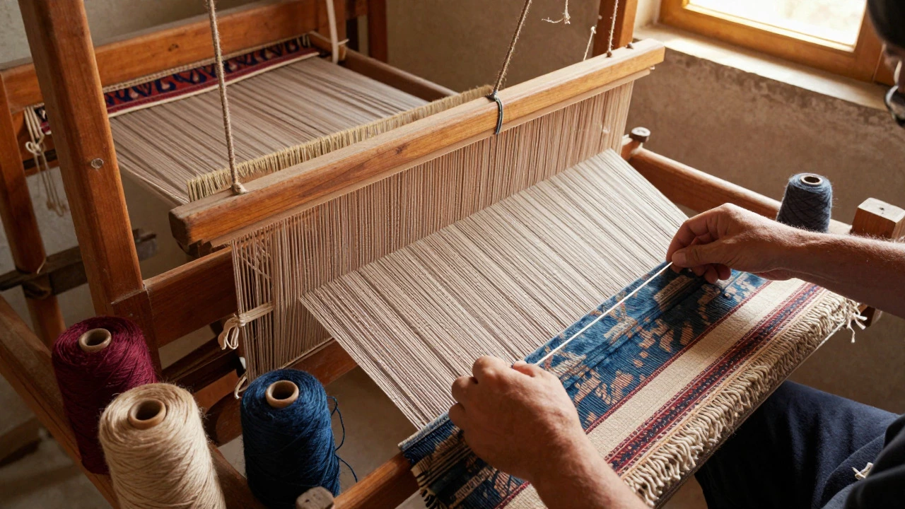 Artisan hands knotting a Persian rug on a traditional wooden loom
