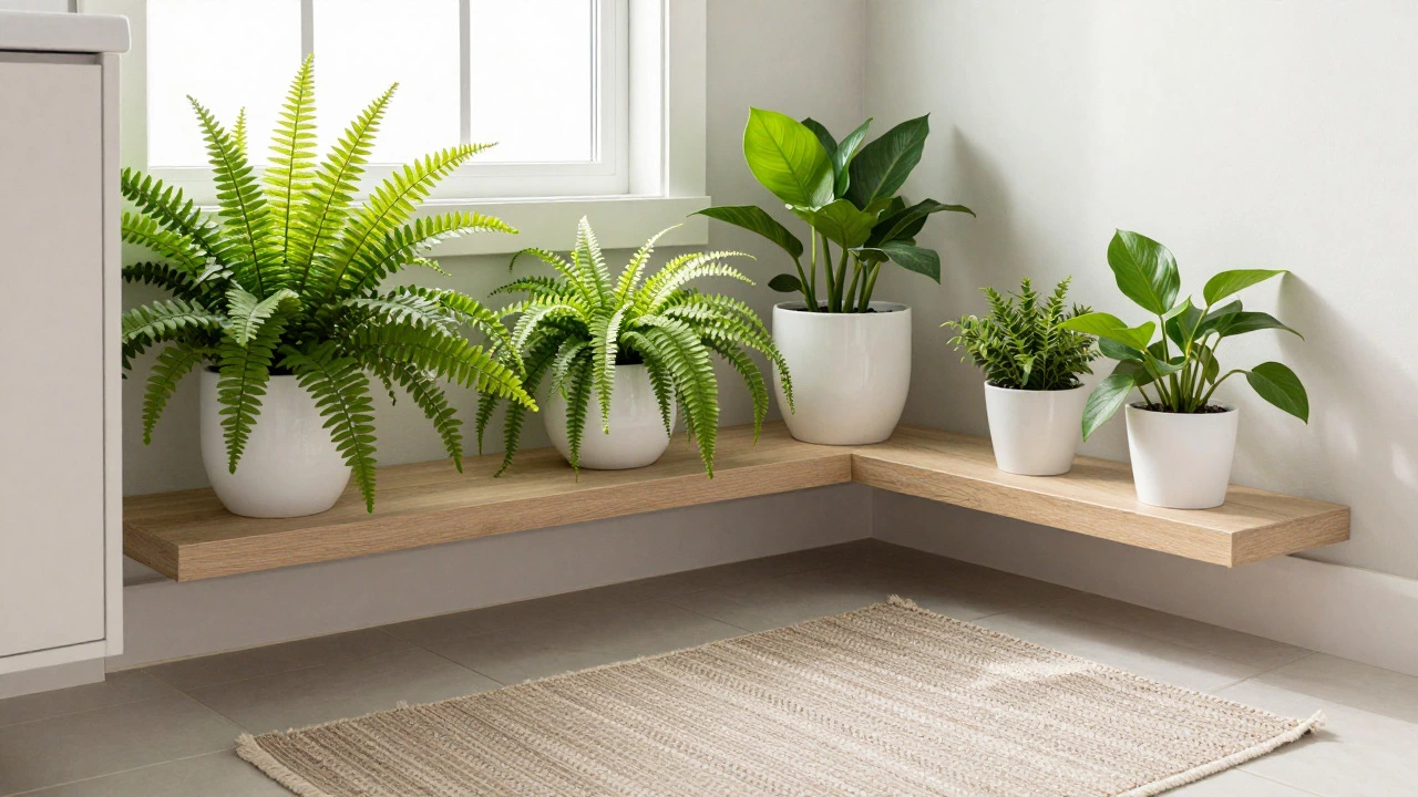 Bathroom corner with potted plants and textured rug