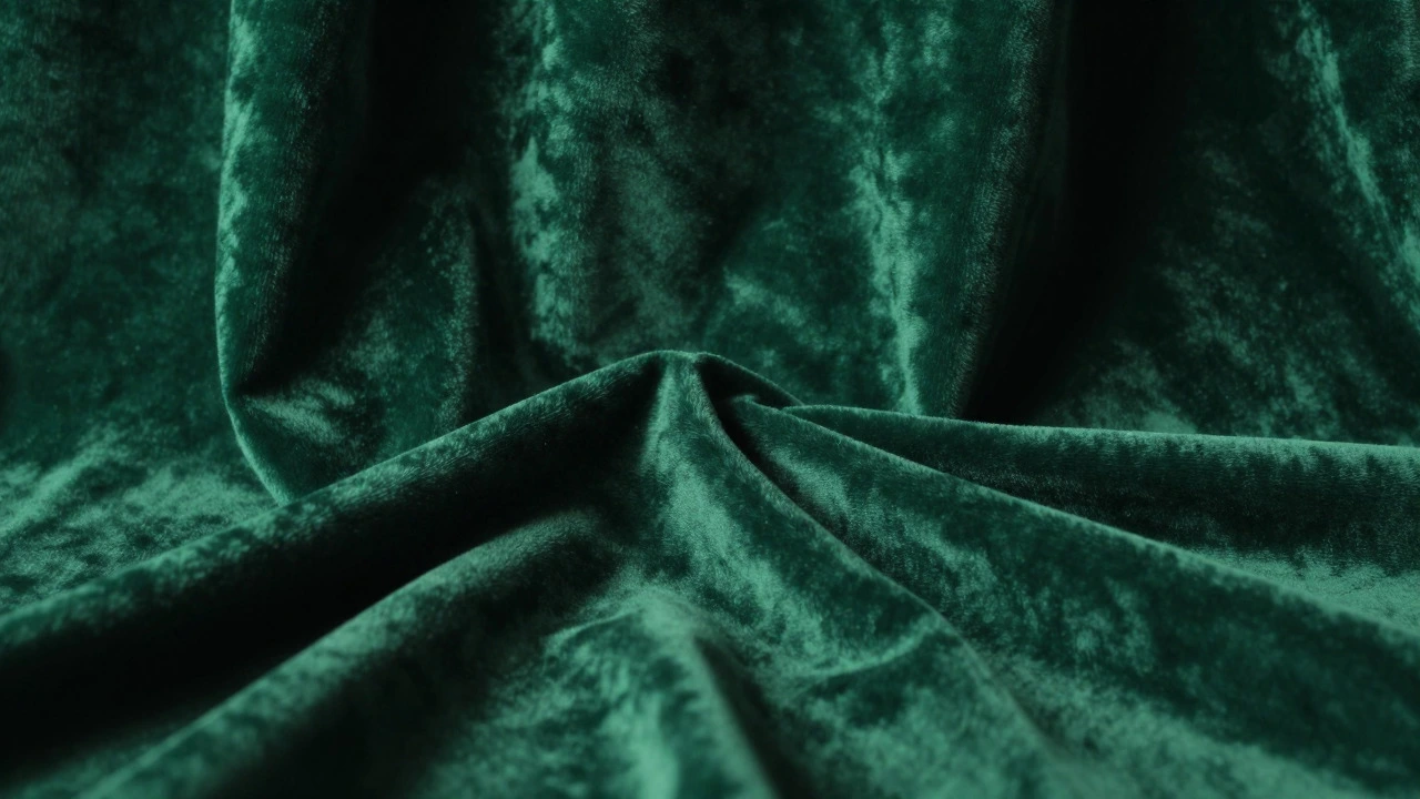 Close-up of heavy emerald velvet curtains showing deep folds and texture.