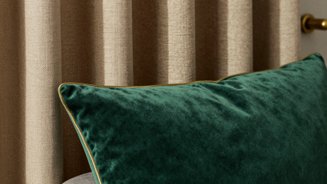 Close up of velvet cushion against rough linen curtain showing texture contrast
