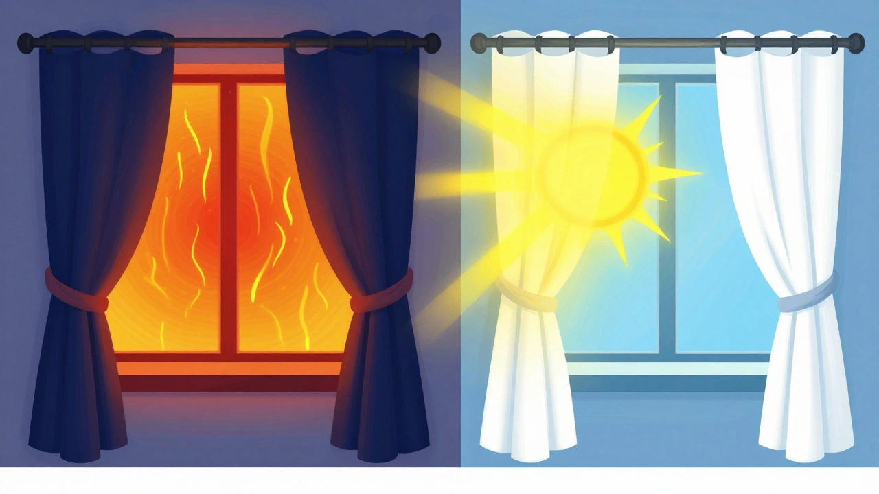 Comparison of dark curtains absorbing heat vs white reflecting it