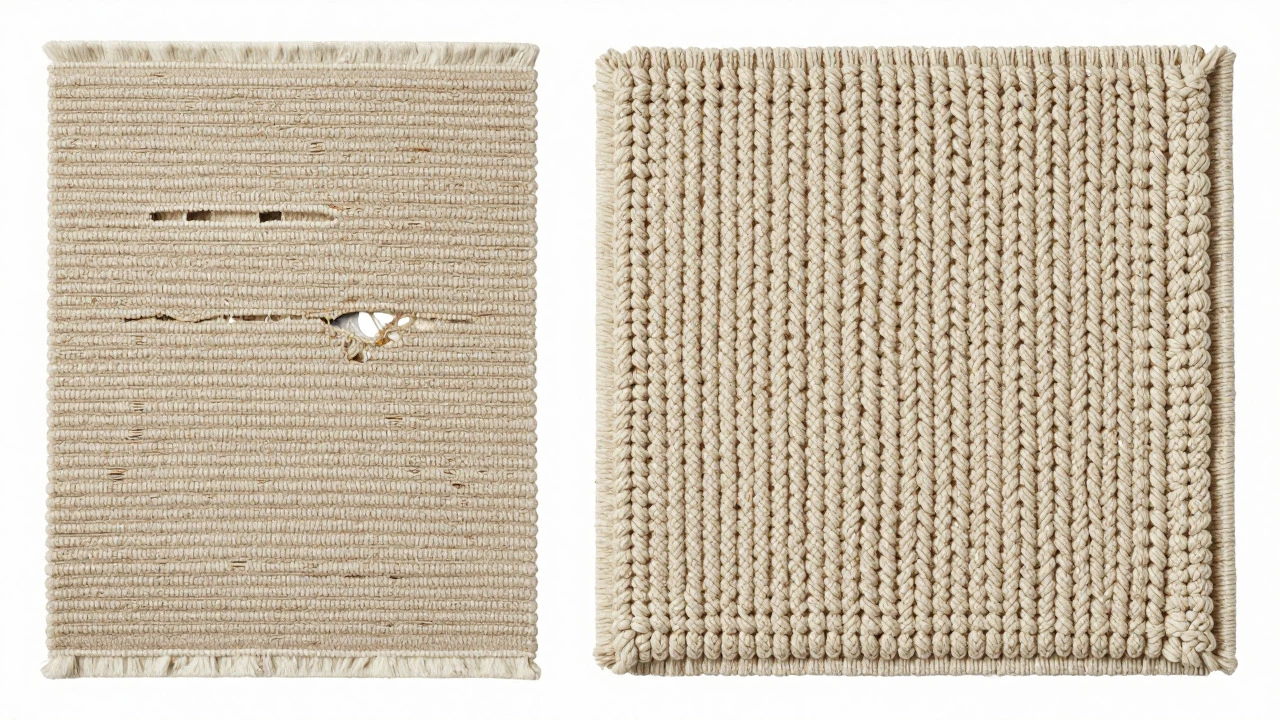 Cross-section view contrasting loose tufted rug construction with dense hand-knotted weave