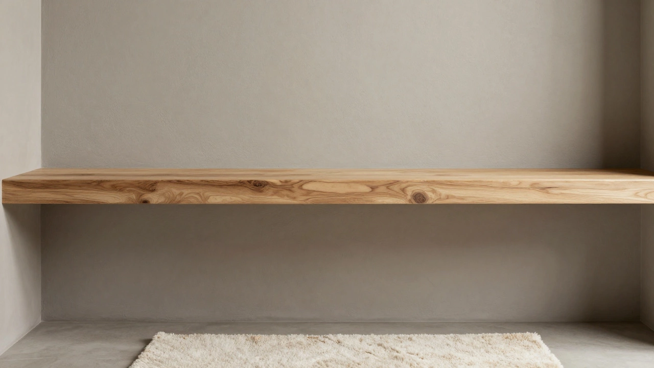 Greige painted wall with wooden shelves and textured mats