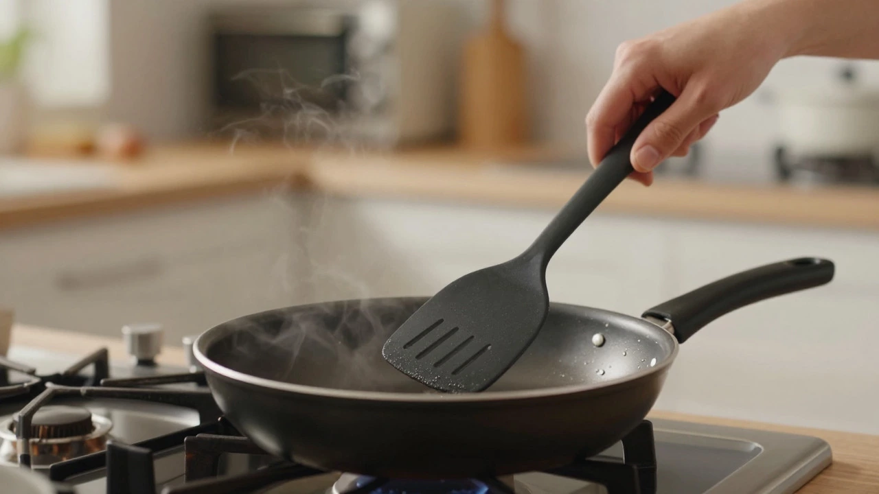 Hands using a spatula to stir food in a frying pan on stove