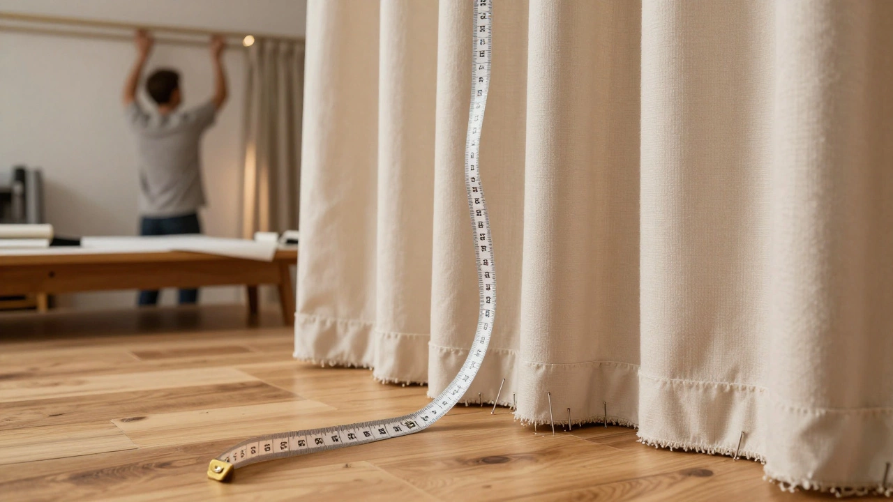 Measuring tape and pins marking curtain length on fabric near a window rod