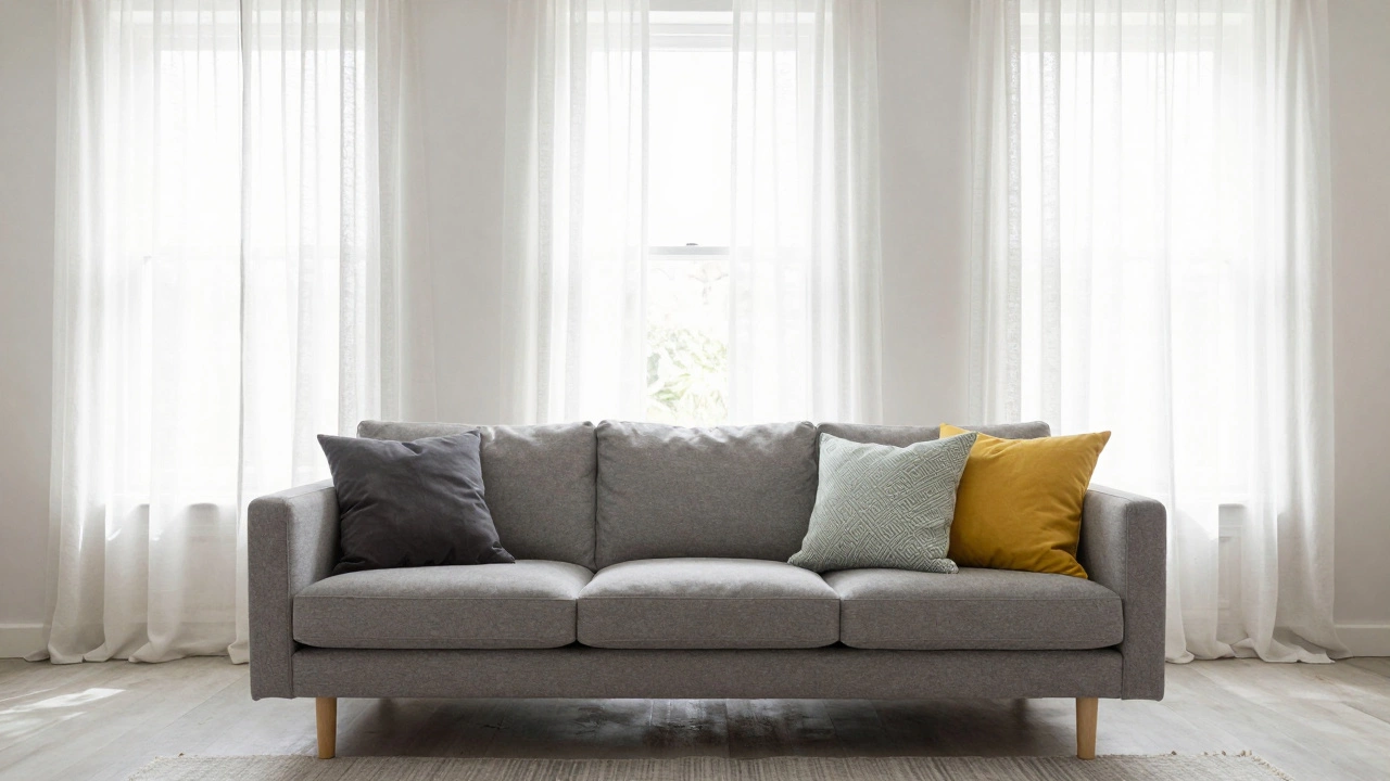Modern sofa with mismatched colorful cushions against sheer white curtains
