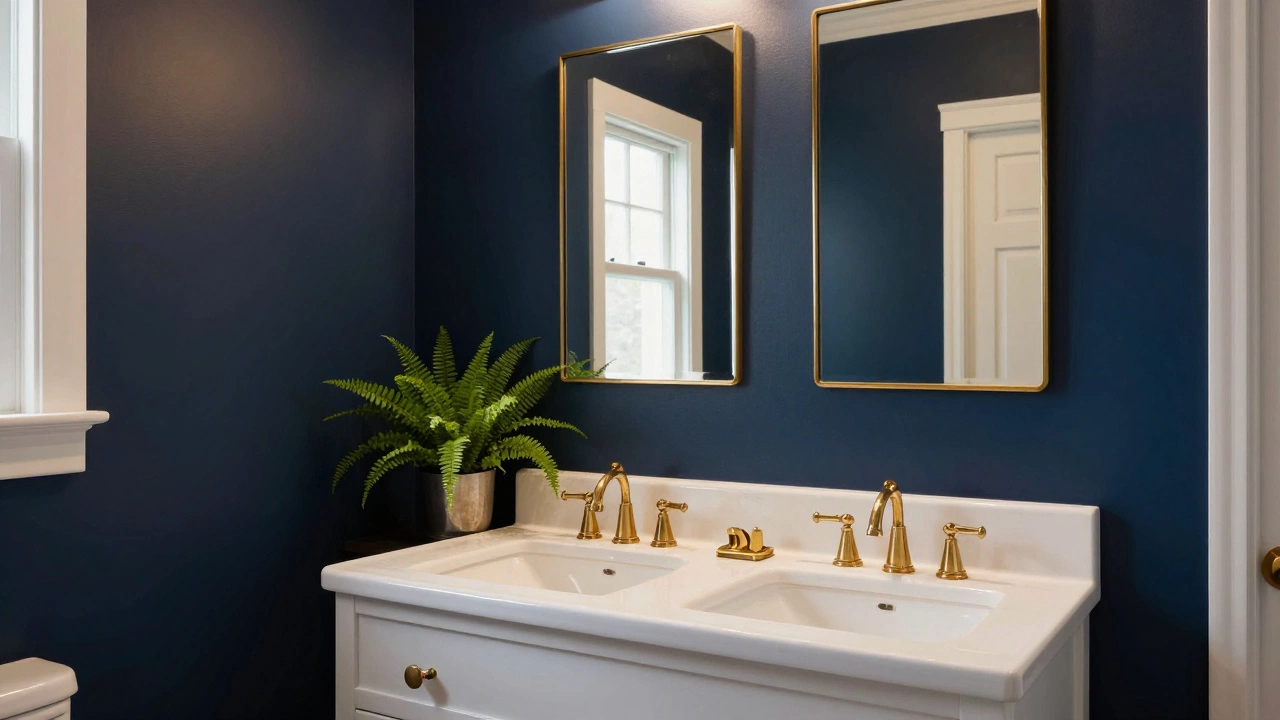 Navy blue accent wall behind white vanity with brass details