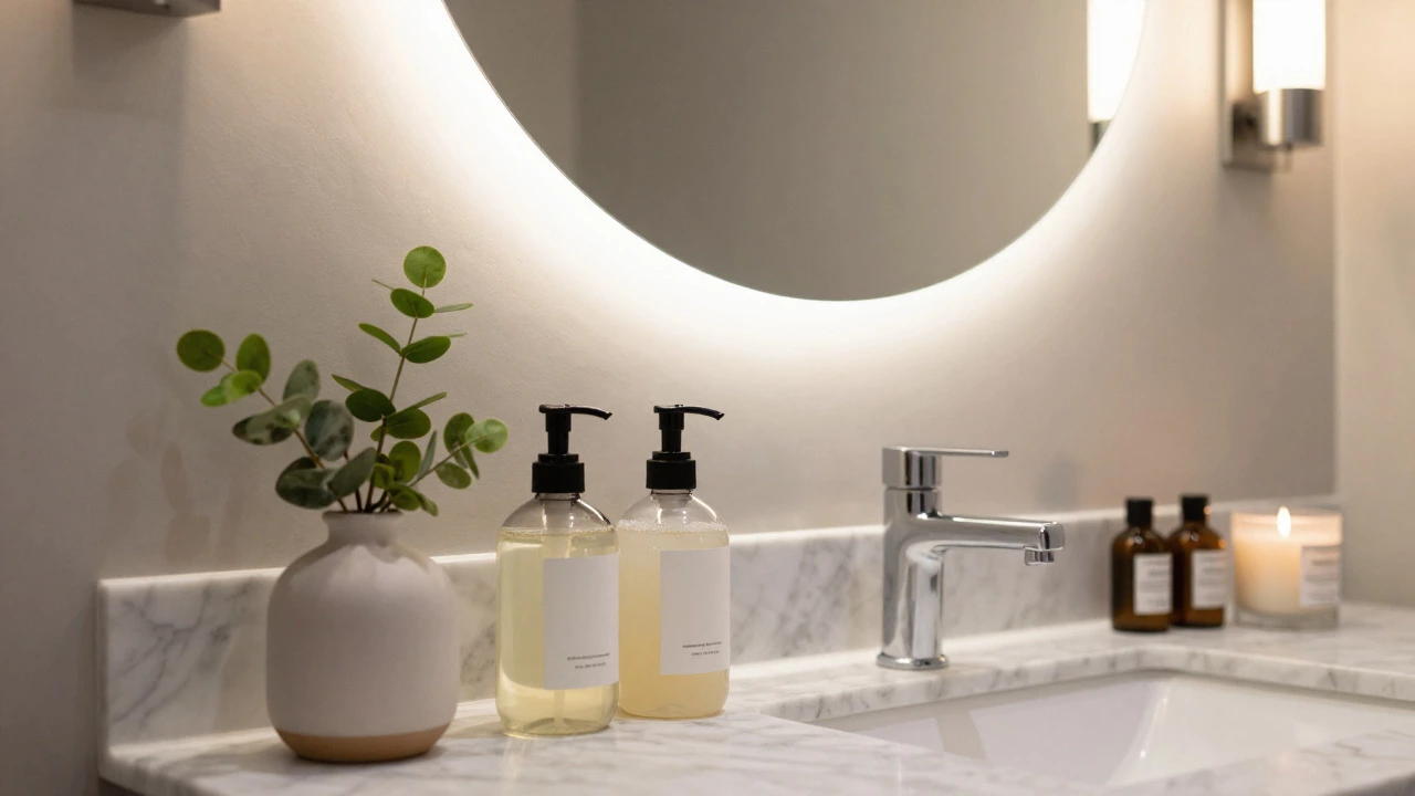 Organized bathroom vanity with glass bottles and round mirror