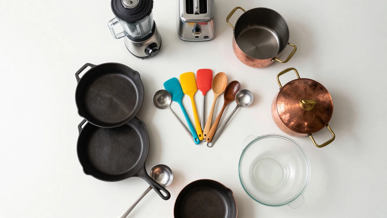 Overhead view of kitchenware hierarchy with utensils in the center