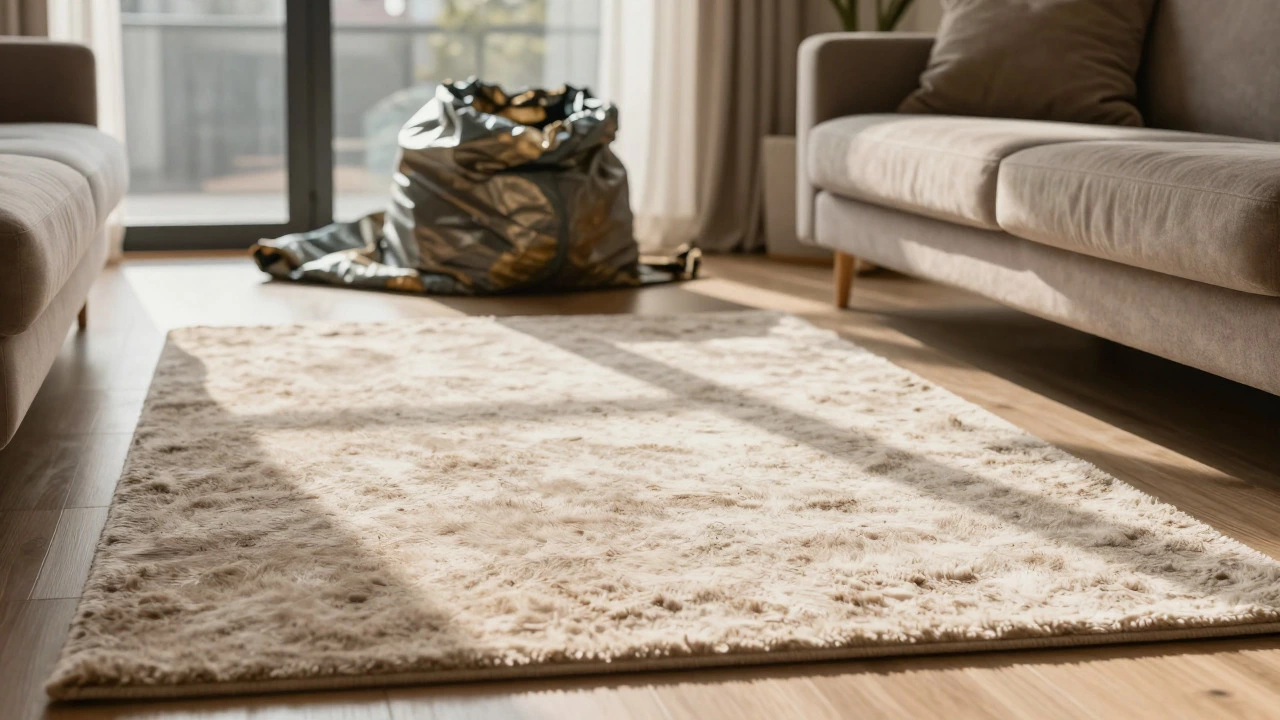 Pristine wool rug under furniture next to a discarded, worn-out cheap synthetic rug