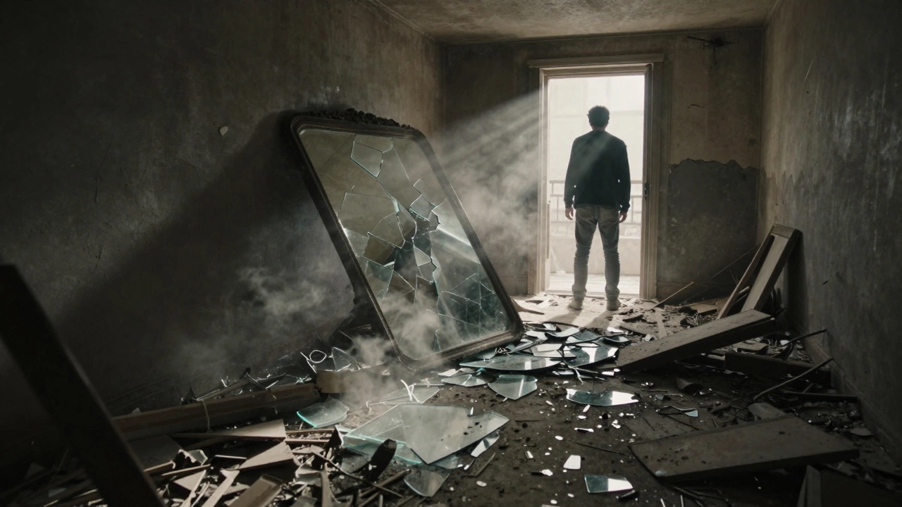 Shattered mirror on the floor in a dark basement with a lone figure standing nearby