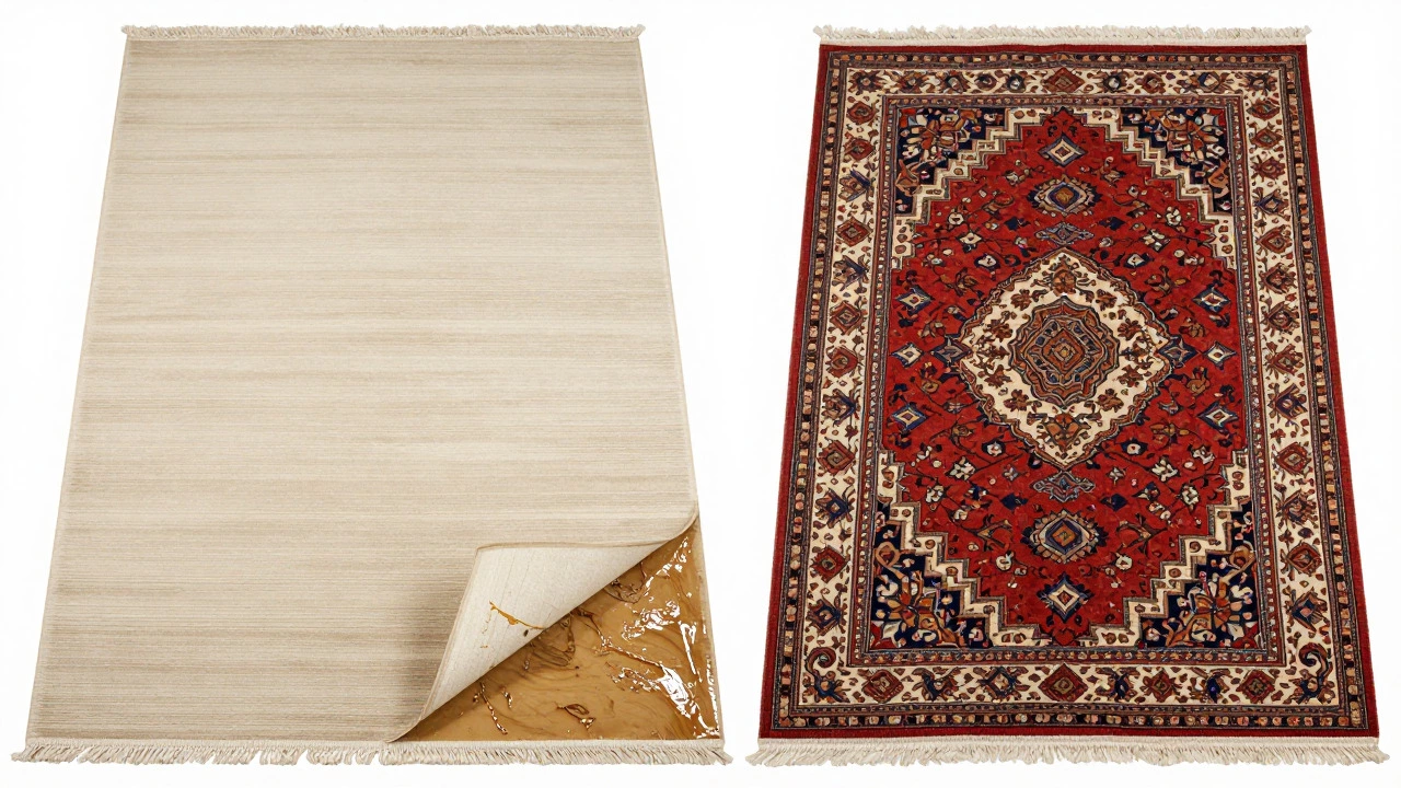 Side-by-side comparison of machine-made vs hand-knotted rug backs