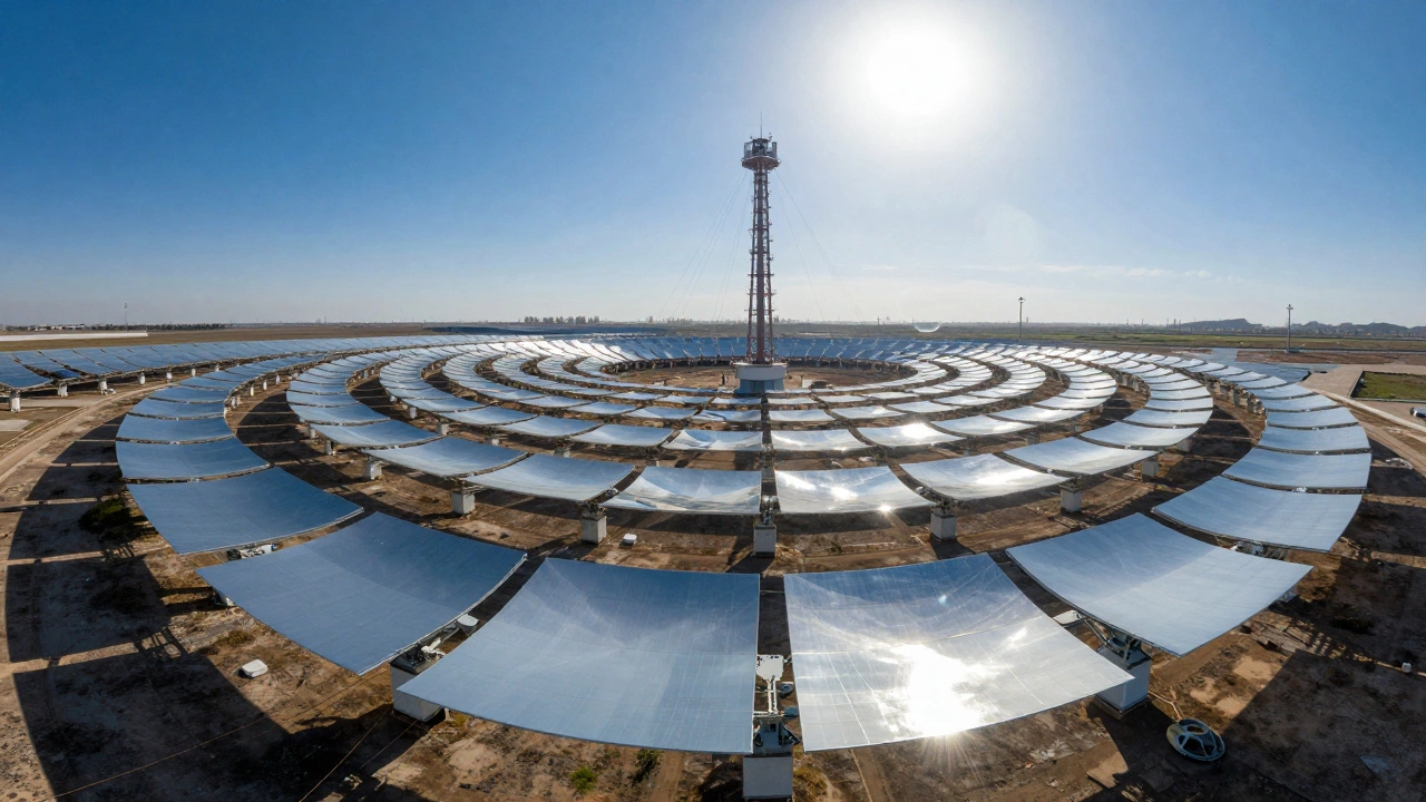Solar power plant mirrors reflecting sunlight to a central tower