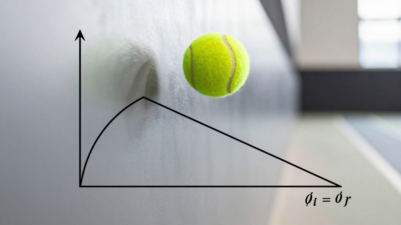 Tennis ball bouncing off a wall illustrating equal angles of reflection