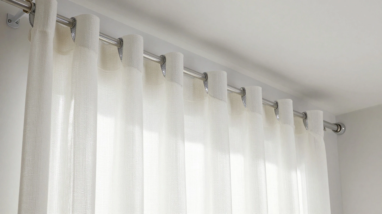 White thermal curtains installed high near ceiling for cooling