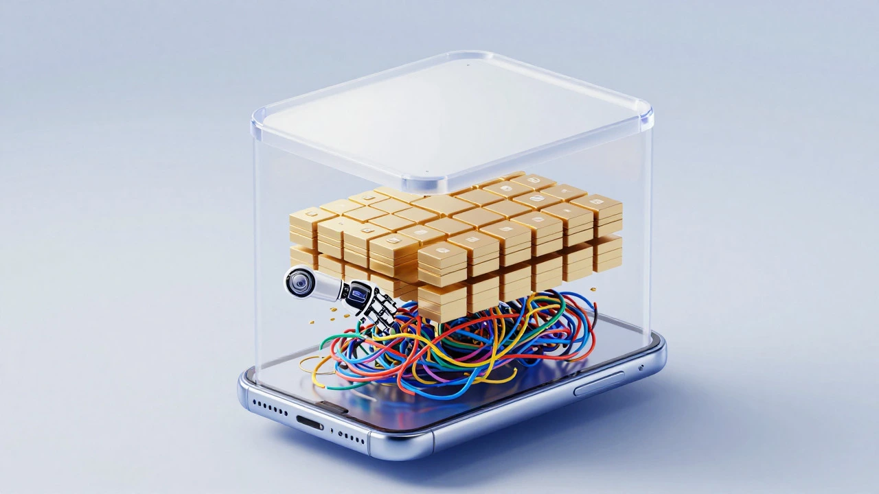 3D concept art of a robot arm cleaning tangled data wires inside a transparent phone model
