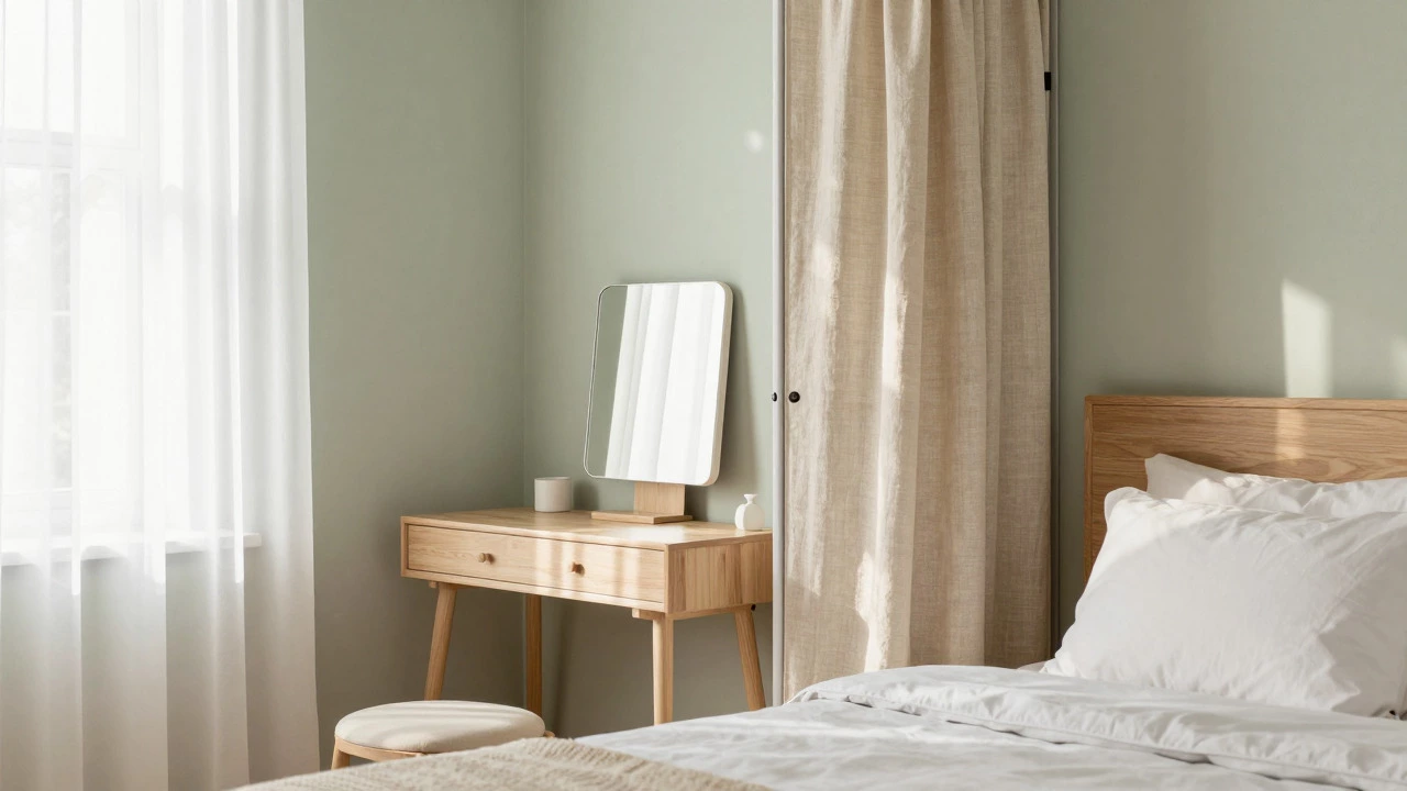 A serene bedroom with a side-wall mirror and covered closet door