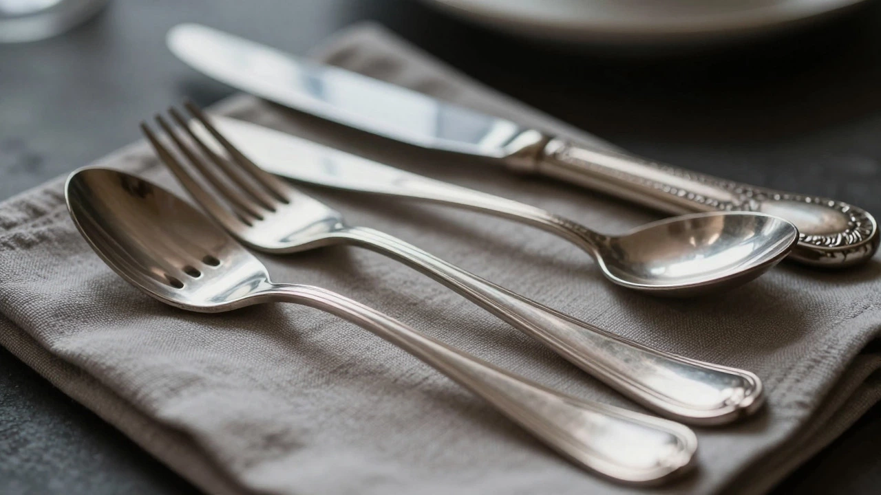 Close-up of stainless steel flatware and vintage silver cutlery on a linen napkin