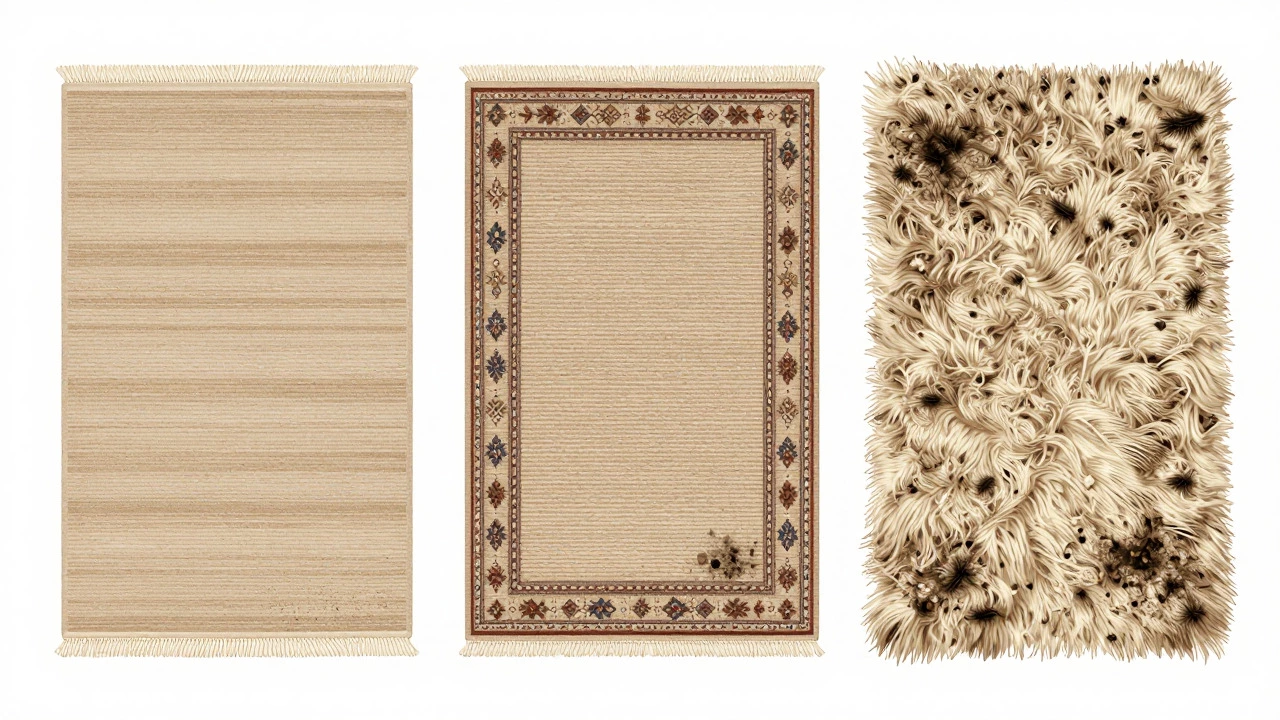 Comparison of flat-weave, looped, and shaggy rug textures showing dirt retention