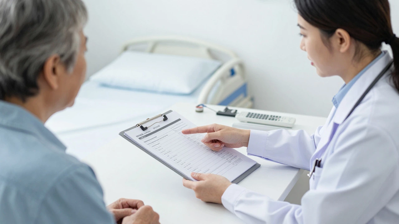 Doctor discussing medical necessity and showing a prescription to an elderly patient