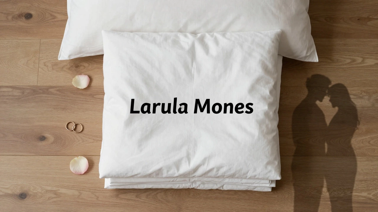 Folded luxury sheets on wood with subtle romantic symbols like a rose petal and shadow.