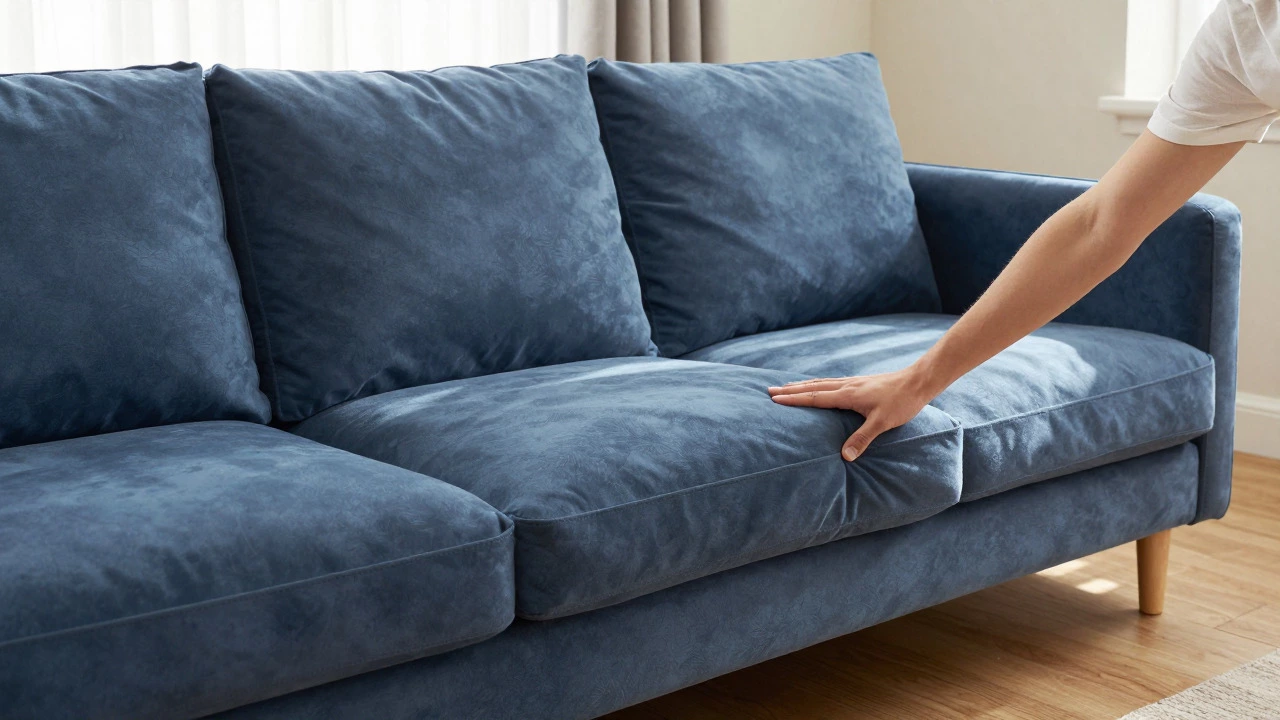Hand rotating a plush sofa cushion in a sunny living room