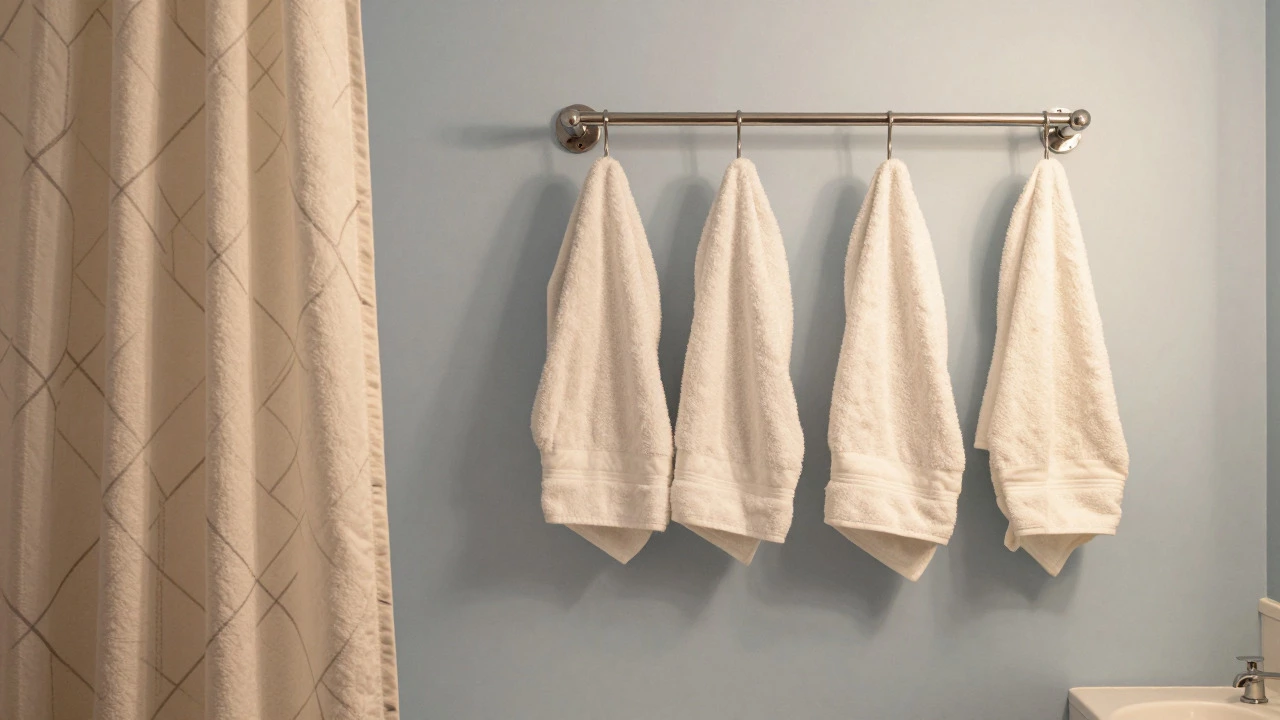 Heated towel rack with fluffy towels and a patterned shower curtain