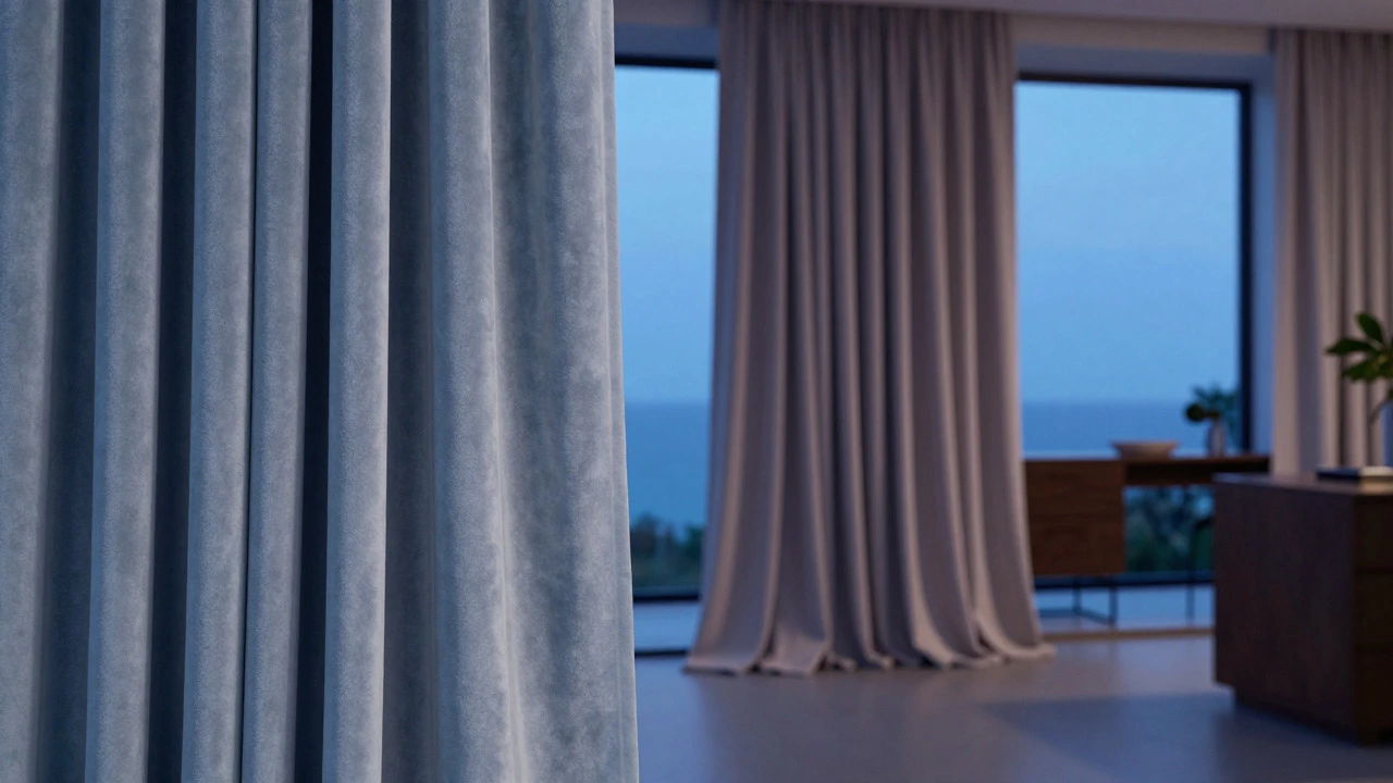 Muted blue velvet curtains creating a calm, intimate evening atmosphere.