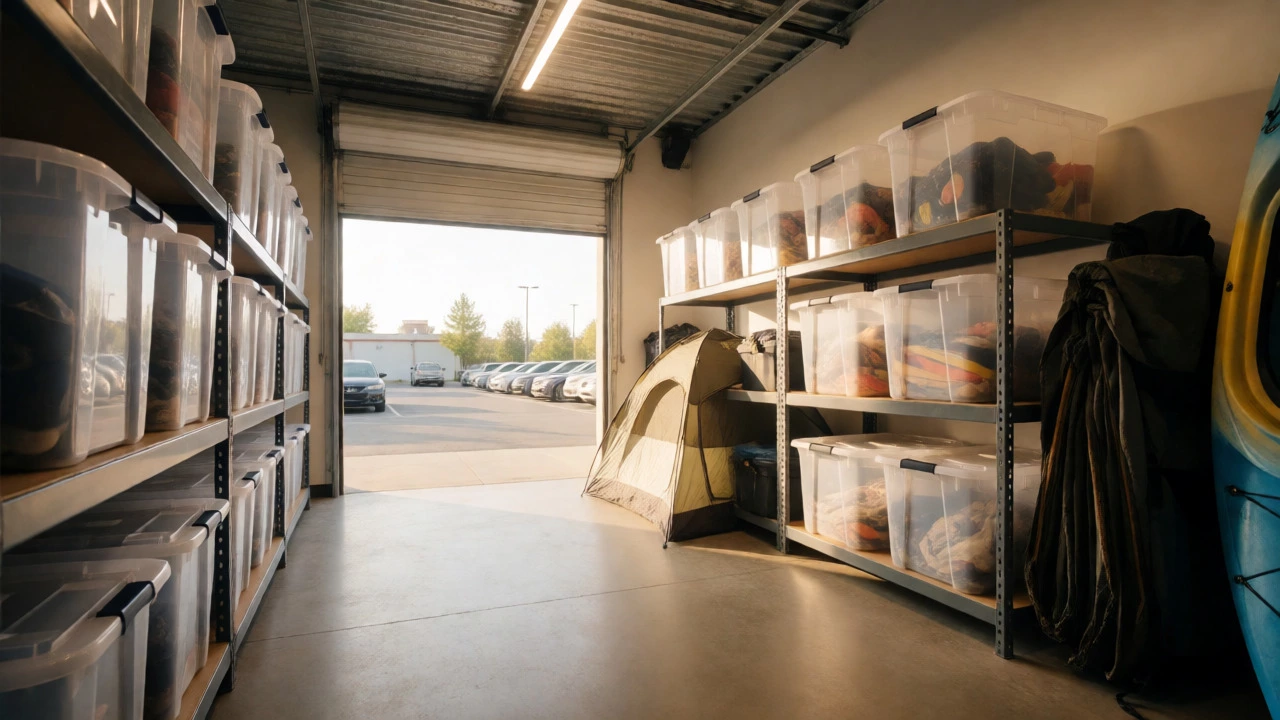 Organized self-storage unit with clear bins and camping gear under bright lights.