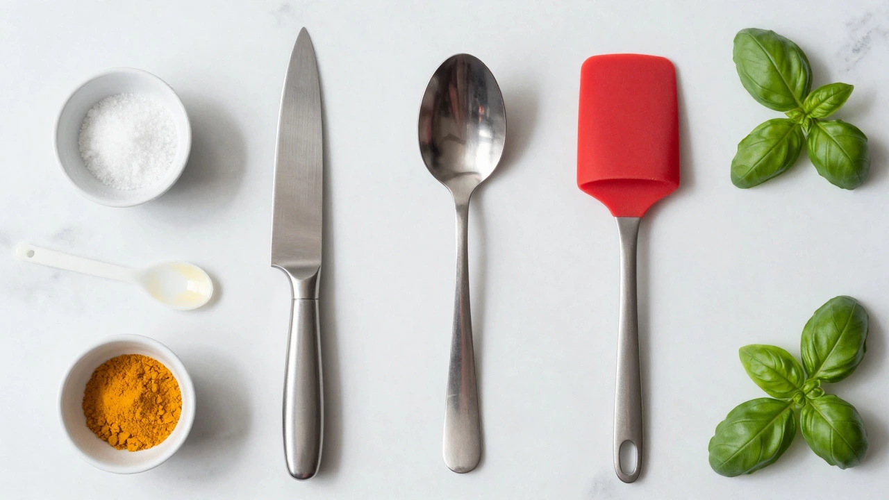 Overhead view comparing a steel spoon, chef knife, and silicone spatula