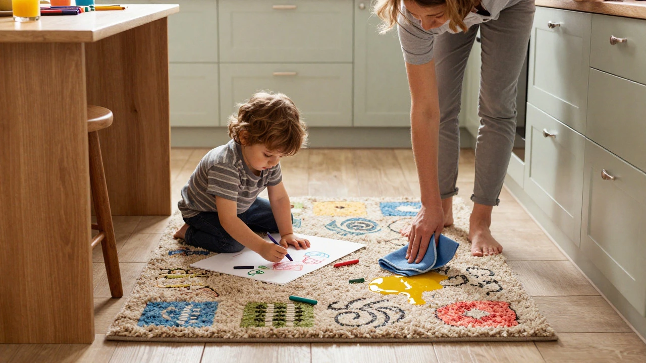 Parent wiping a juice spill from a durable rug in a busy family kitchen
