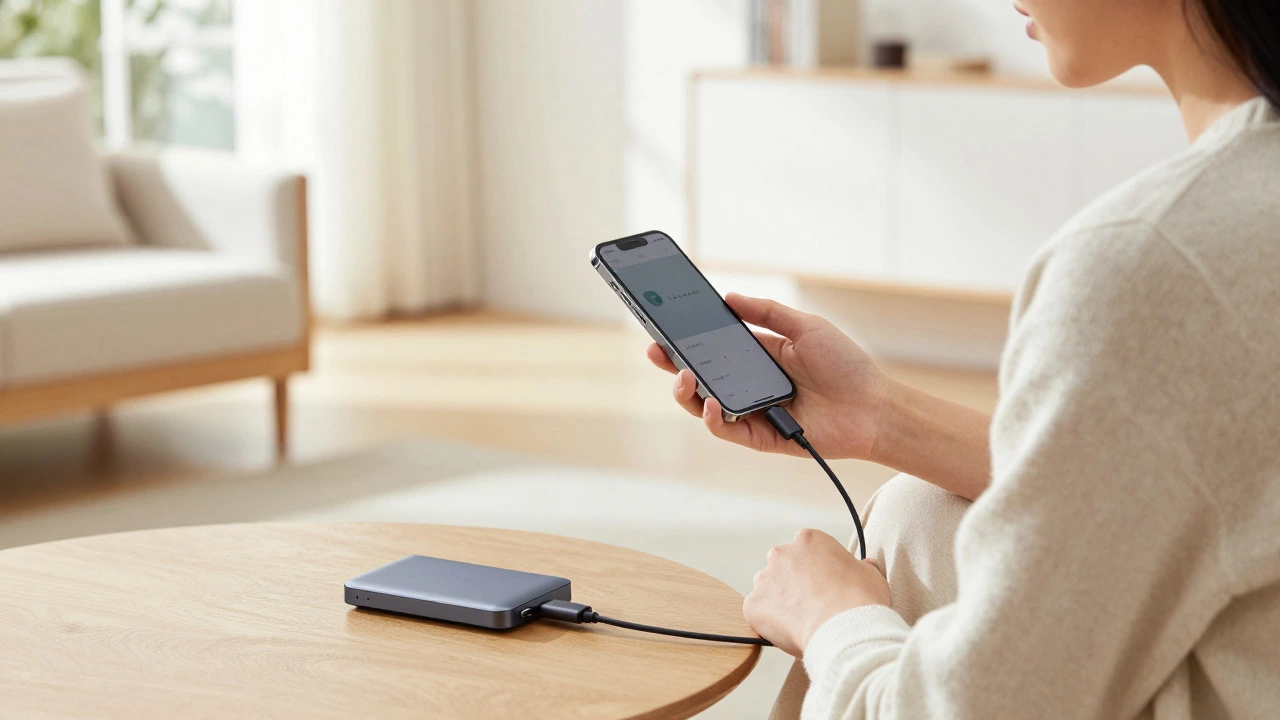 Person connecting a smartphone to an external SSD drive in a bright, minimalist room