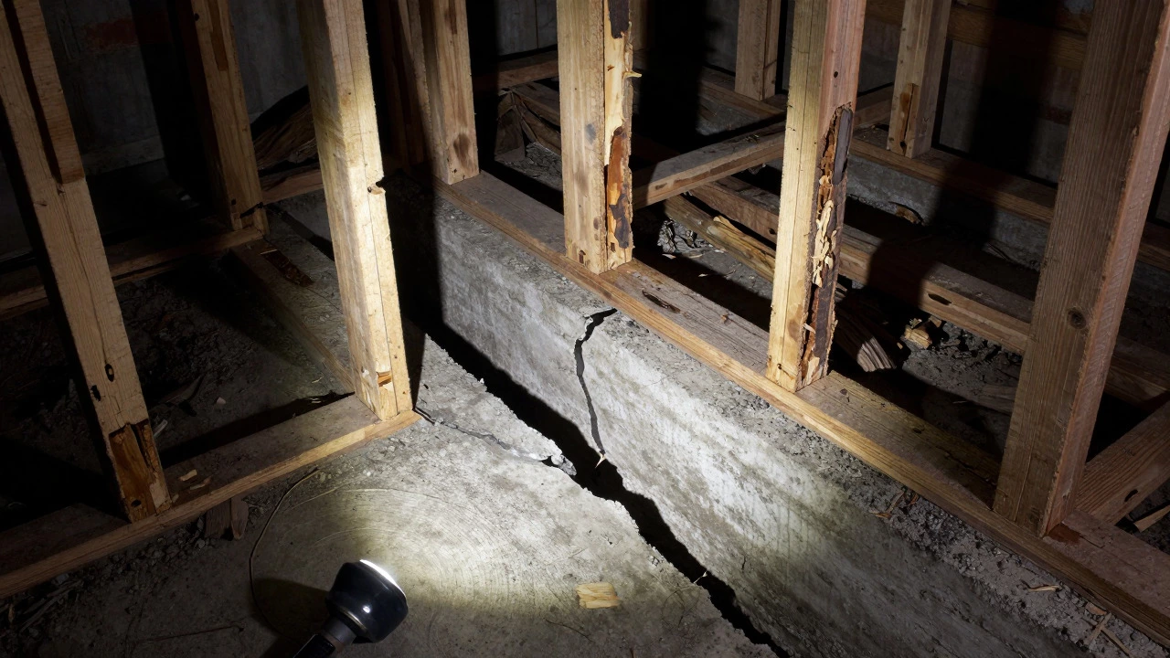 Rotting wooden joists and cracked concrete foundation in a dimly lit subfloor