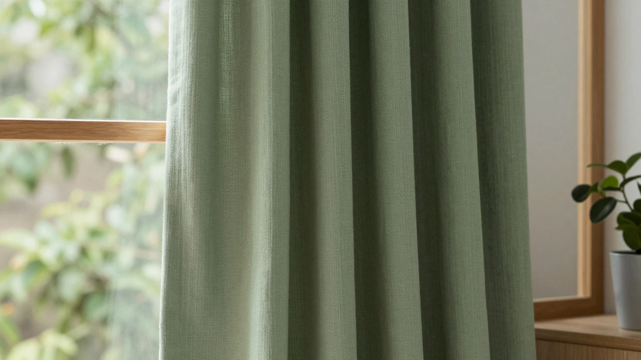 Sage green cotton curtains blending with natural wood and indoor plants.
