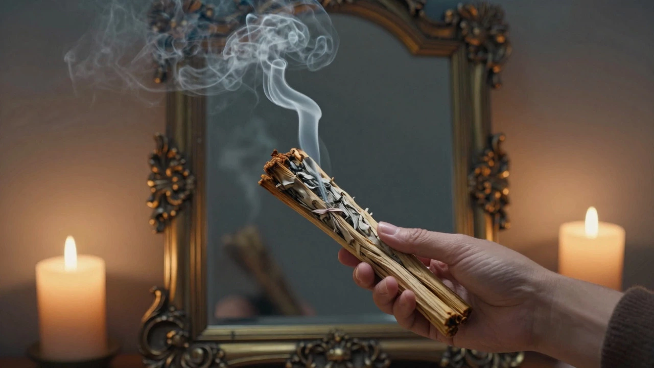 Smudging a mirror with sage smoke for spiritual cleansing