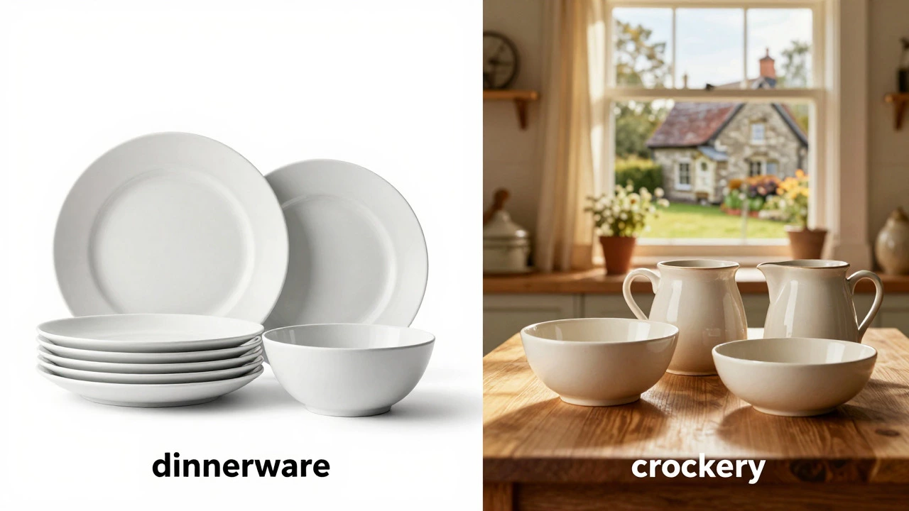 Split image contrasting modern dinnerware on left with traditional crockery on right