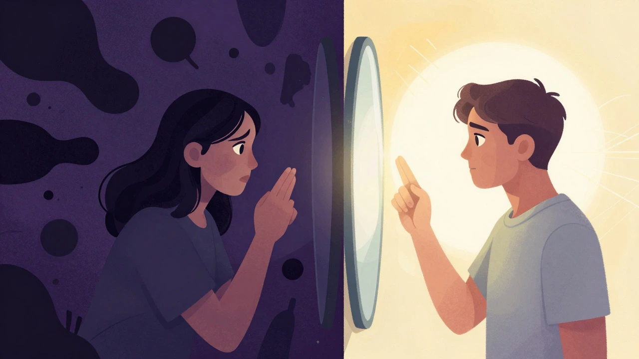 Split image showing fear versus peace when looking in a mirror